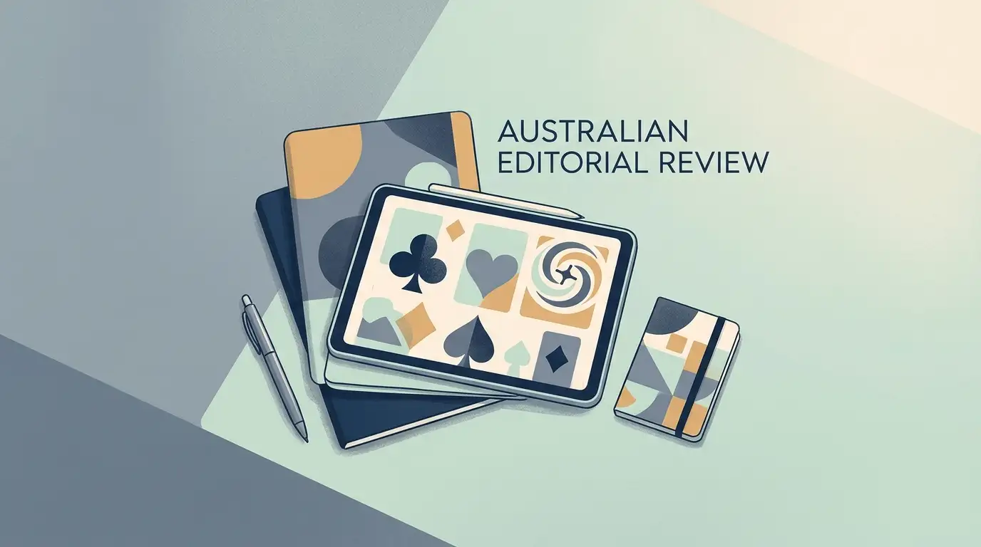 Illustration for an Australian casino review, with a neutral desktop and mobile scene