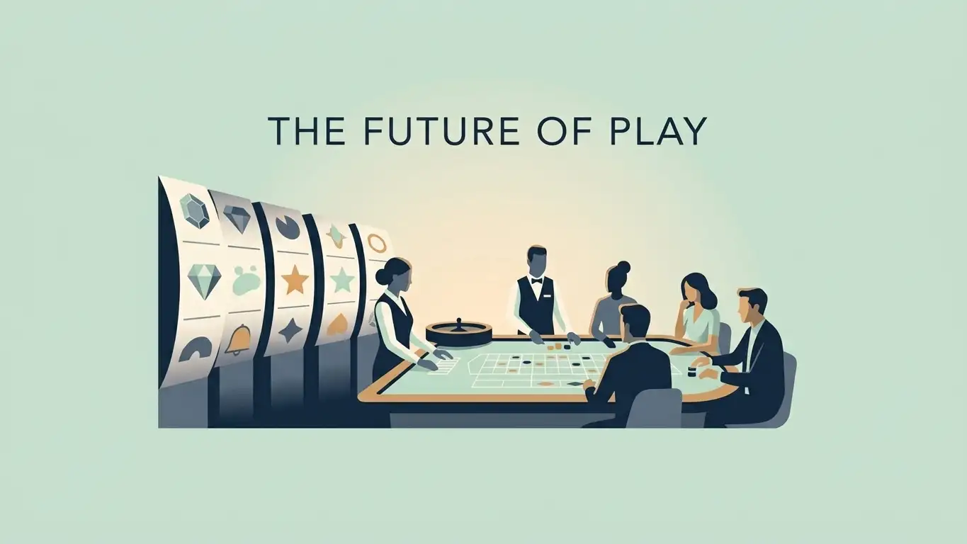 Conceptual illustration of slot-style games and a live table area using generic game-interface shapes