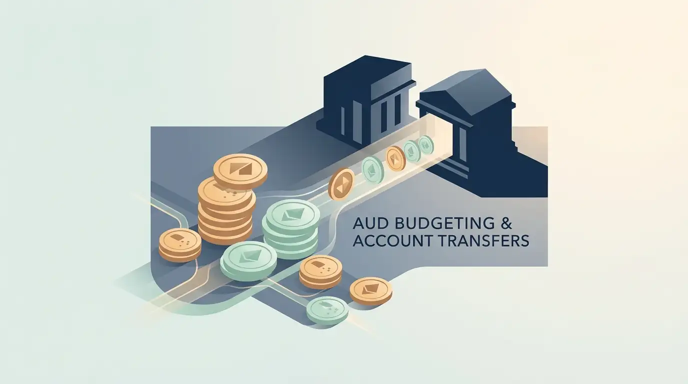 Neutral illustration of Australian-dollar budgeting and a bank transfer concept using generic banking symbols